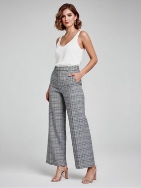 LOFT Gray Glen Plaid High Waist Curvy Wide Leg Trousers 14 Tall Preppy Office